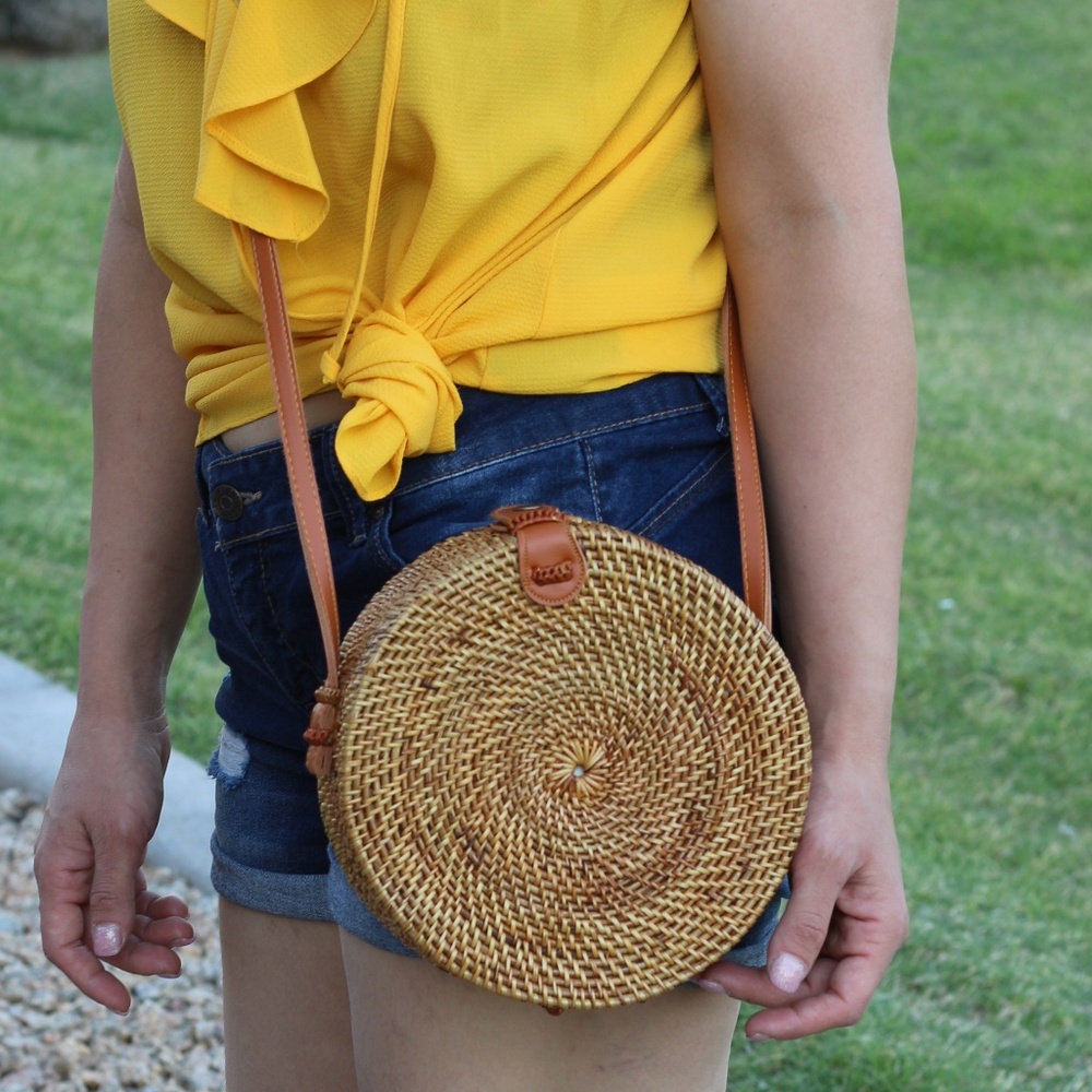 Handmade Balinese Ata Rattan Round Bag, crossbody